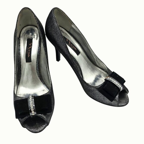 Nina New York Frosti Black Silver Bow Rhinestone Peep Toe Heels Size 9 Pumps - Picture 1 of 12